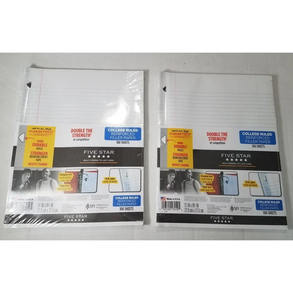 Five Star Reinforced Filler Paper 2-College 1-Wide Ruled 100 Sheets Ea Pack NEW‎